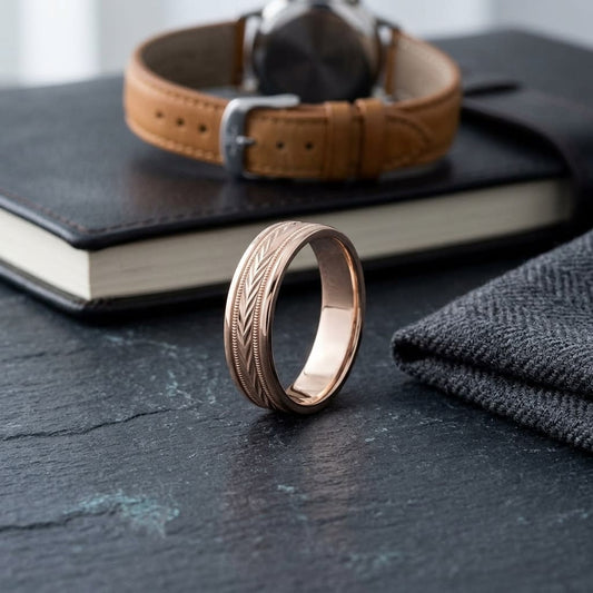 6mm Comfort-Fit Wedding Band in 14K Rose Gold, on walnut surface with pocket square
