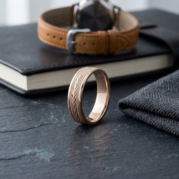 6mm Comfort-Fit Wedding Band in 14K Rose Gold, on walnut surface with pocket square