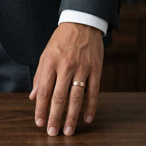 6mm Satin Finish High Polished Center Trim Carved Wedding Band in 14K Rose Gold, worn on hand, masculine full view
