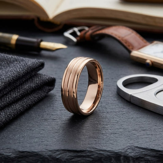 6mm Satin Finish High Polished Center Trim Carved Wedding Band in 14K Rose Gold, on walnut surface with pocket square