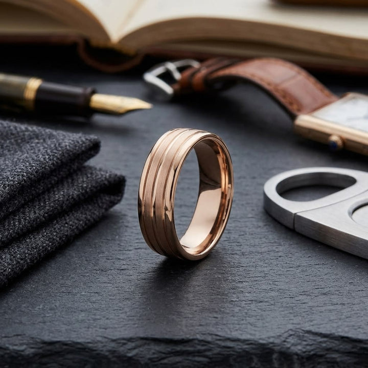 6mm Satin Finish High Polished Center Trim Carved Wedding Band in 14K Rose Gold, on walnut surface with pocket square