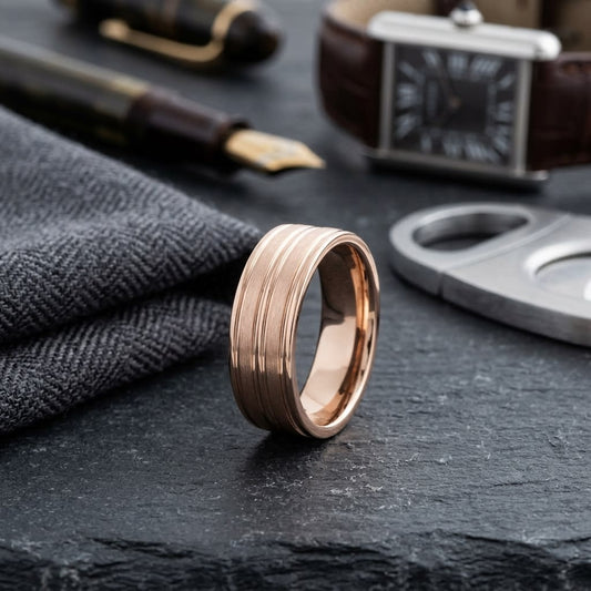 8mm Satin Finish High Polished Center Trim Carved Wedding Band in 14K Rose Gold, on walnut surface with pocket square