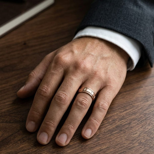 6mm Satin Finish High Polished Center Cut Carved Wedding Band in 14K Rose Gold, worn on hand, masculine full view