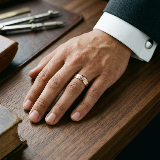 7.5mm Hammered Finish Beveled Edge Carved Wedding Band in 14K Rose Gold, worn on hand, masculine full view