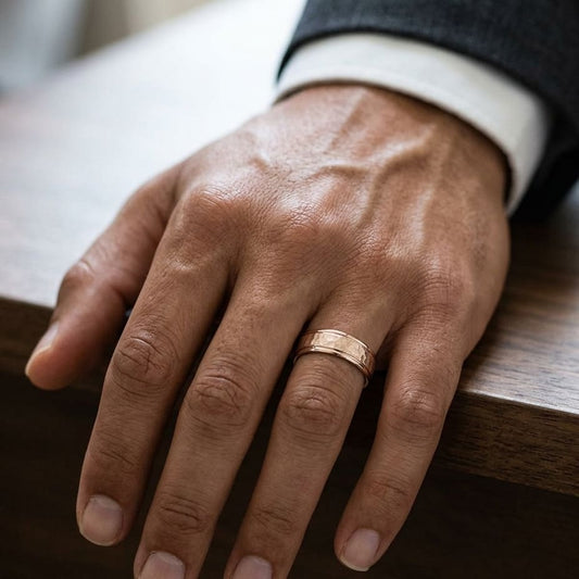 6mm Hammered Finish Carved Wedding Band in 14K Rose Gold, worn on hand, masculine close-up