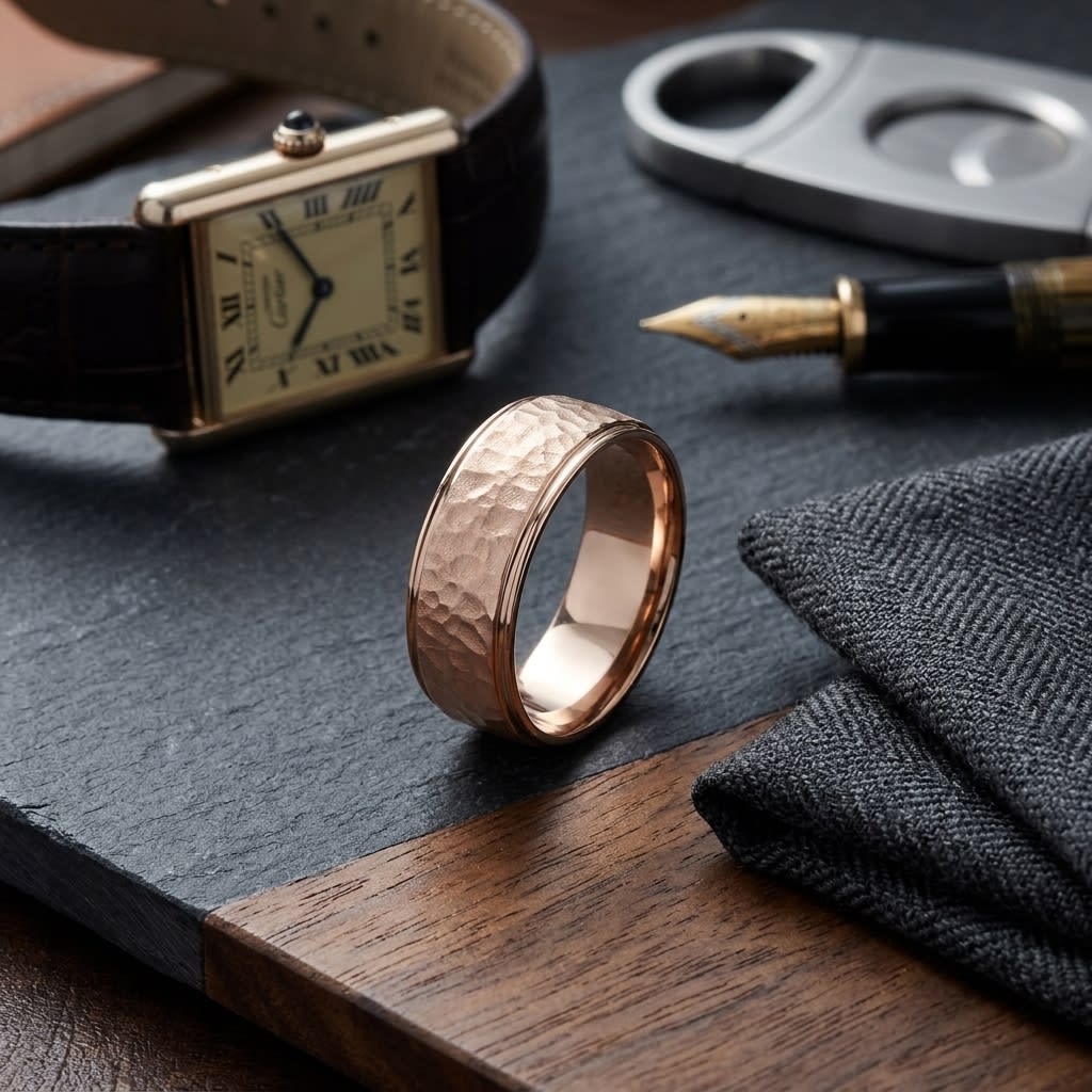 8mm Hammered Finish Carved Wedding Band in 14K Rose Gold, on walnut surface with pocket square