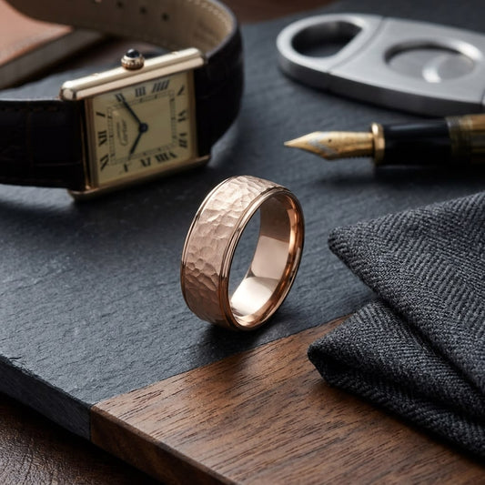8mm Hammered Finish Carved Wedding Band in 14K Rose Gold, on walnut surface with pocket square