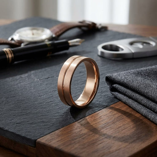 6mm Satin Finish High Polished Center Cut Carved Wedding Band in 14K Rose Gold, on walnut surface with pocket square