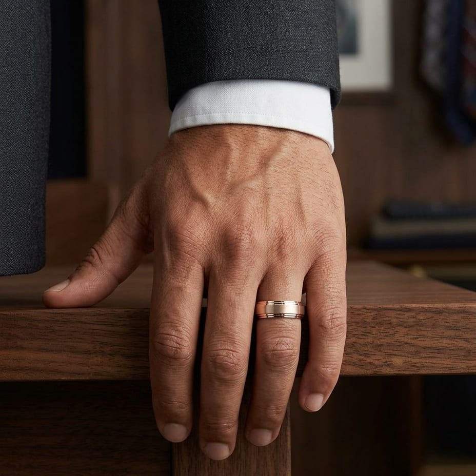 8mm Satin Finish Carved Wedding Band in 14K Rose Gold, worn on hand, masculine full view