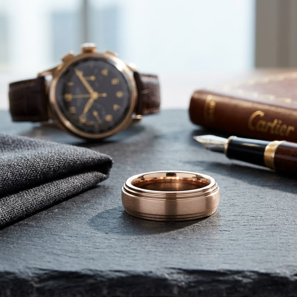 8mm Satin Finish Carved Wedding Band in 14K Rose Gold, on walnut surface with pocket square