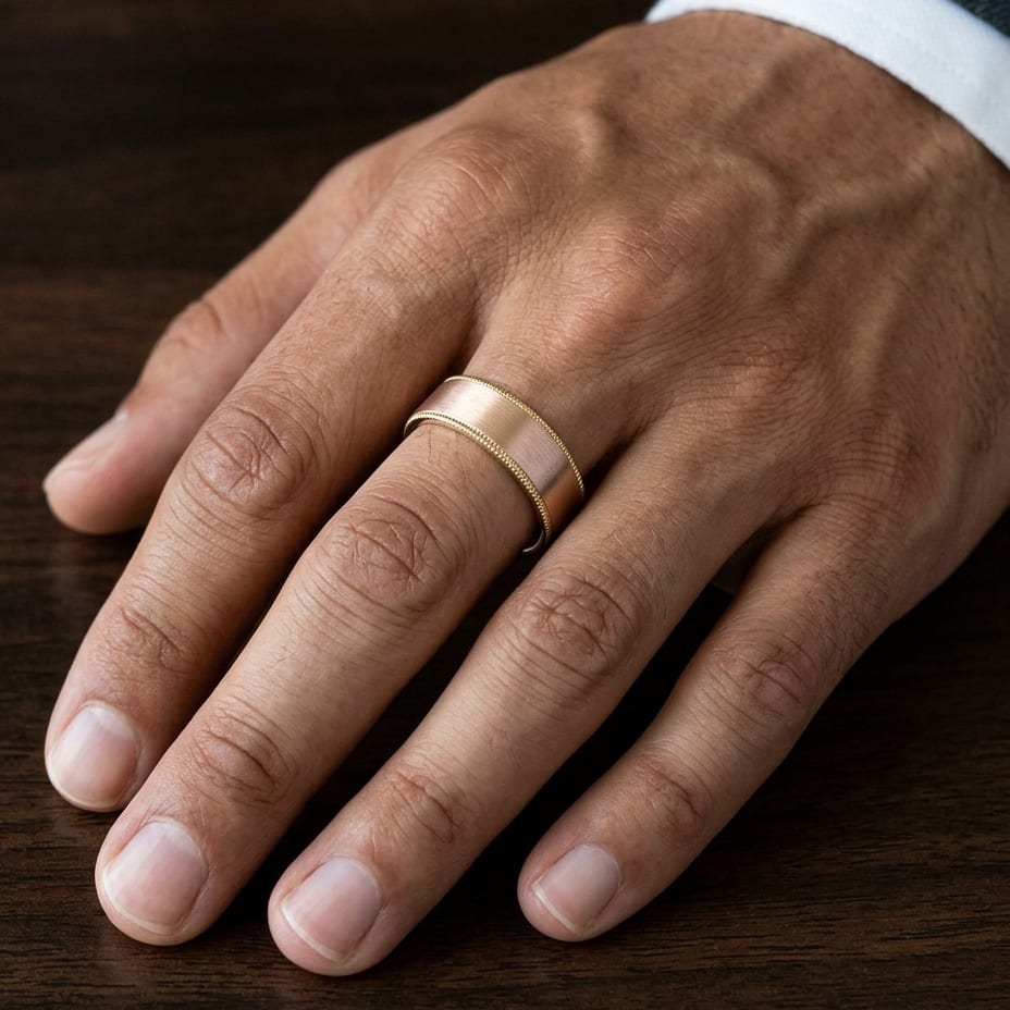 8mm Satin Finish Carved Wedding Band in 14K Rose Gold, worn on hand, masculine close-up