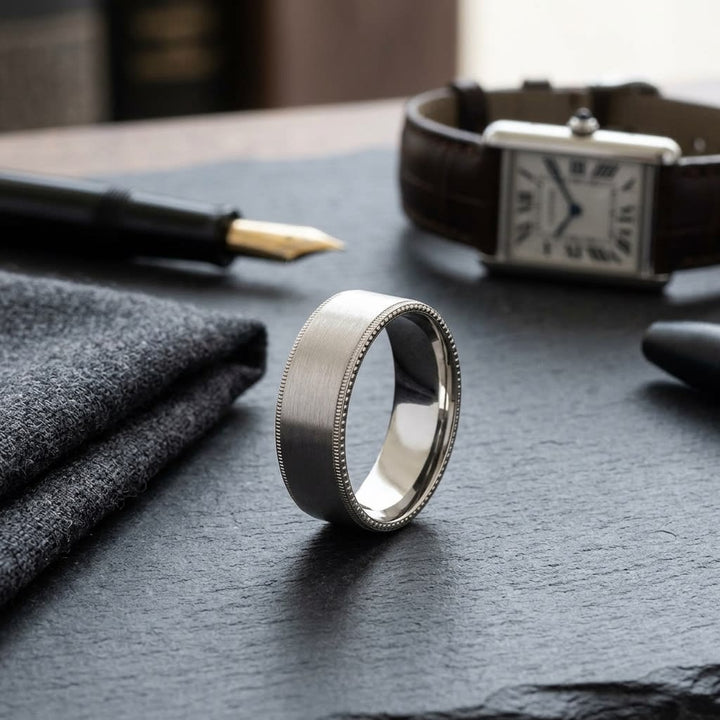 8mm Satin Finish Carved Wedding Band in 14K Rose Gold, on walnut surface with pocket square