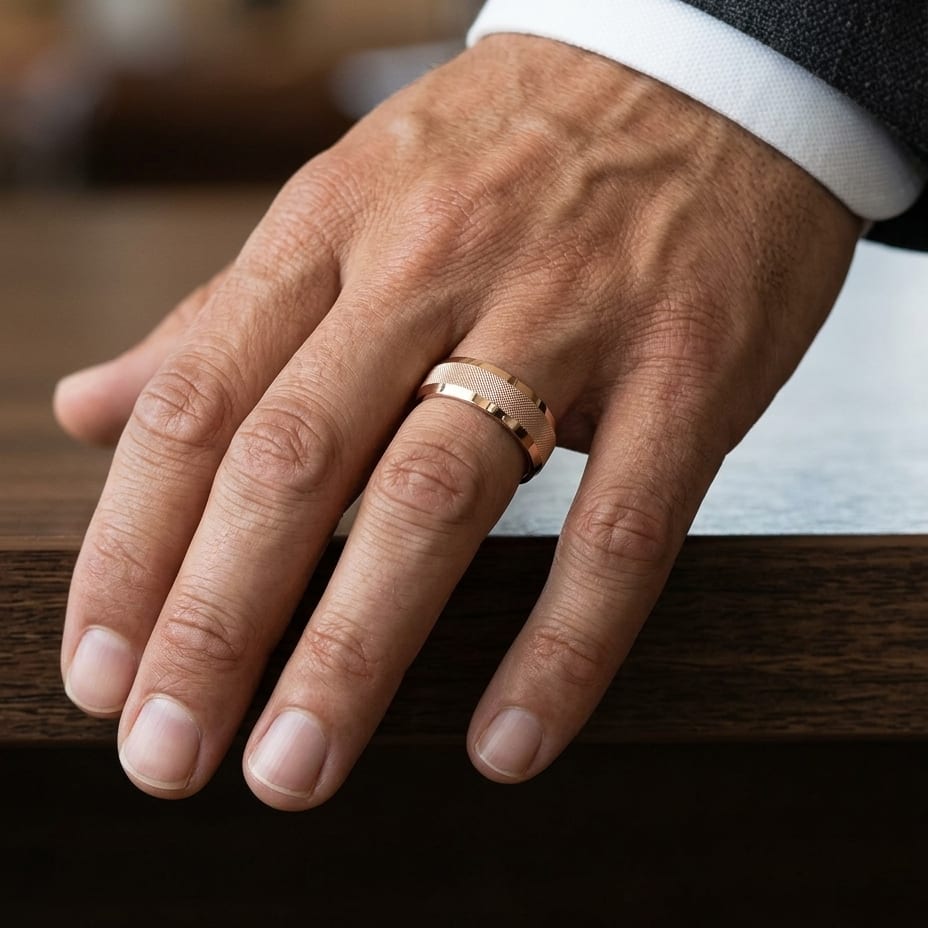 7mm High Polish Cross Hatch Center Carved Wedding Band in 14K Rose Gold, worn on hand, masculine close-up