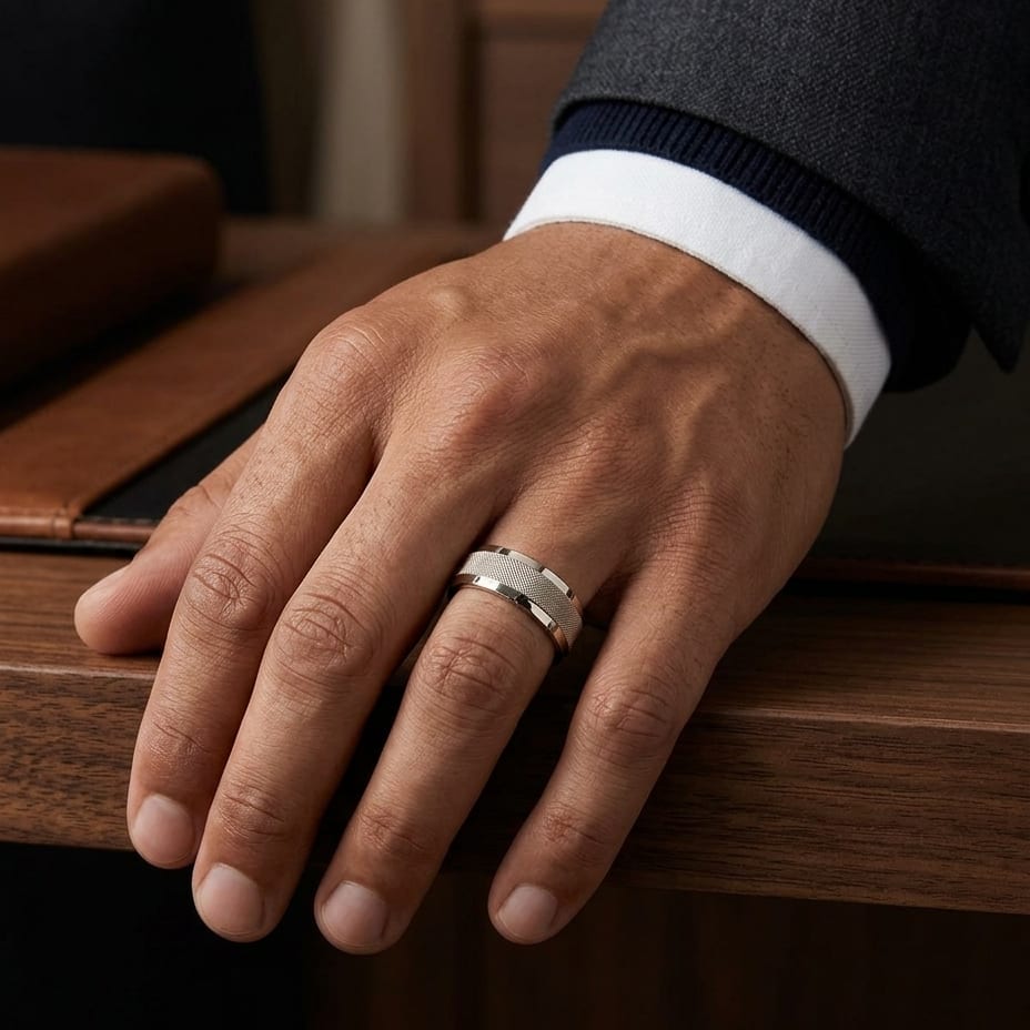 7mm High Polish Cross Hatch Center Carved Wedding Band in 14K Rose Gold, worn on hand, masculine full view