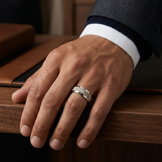 7mm High Polish Cross Hatch Center Carved Wedding Band in 14K Rose Gold, worn on hand, masculine full view