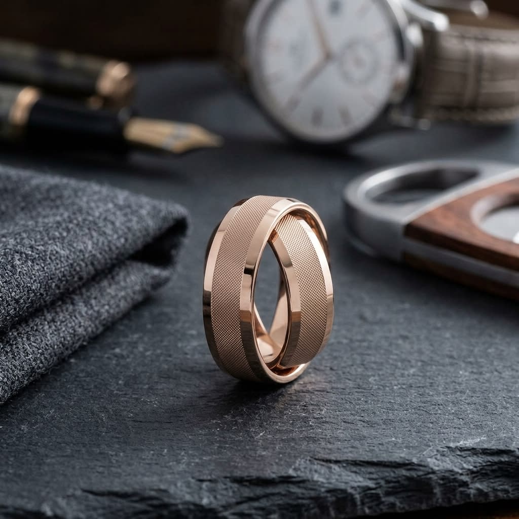 7mm High Polish Cross Hatch Center Carved Wedding Band in 14K Rose Gold, on walnut surface with pocket square