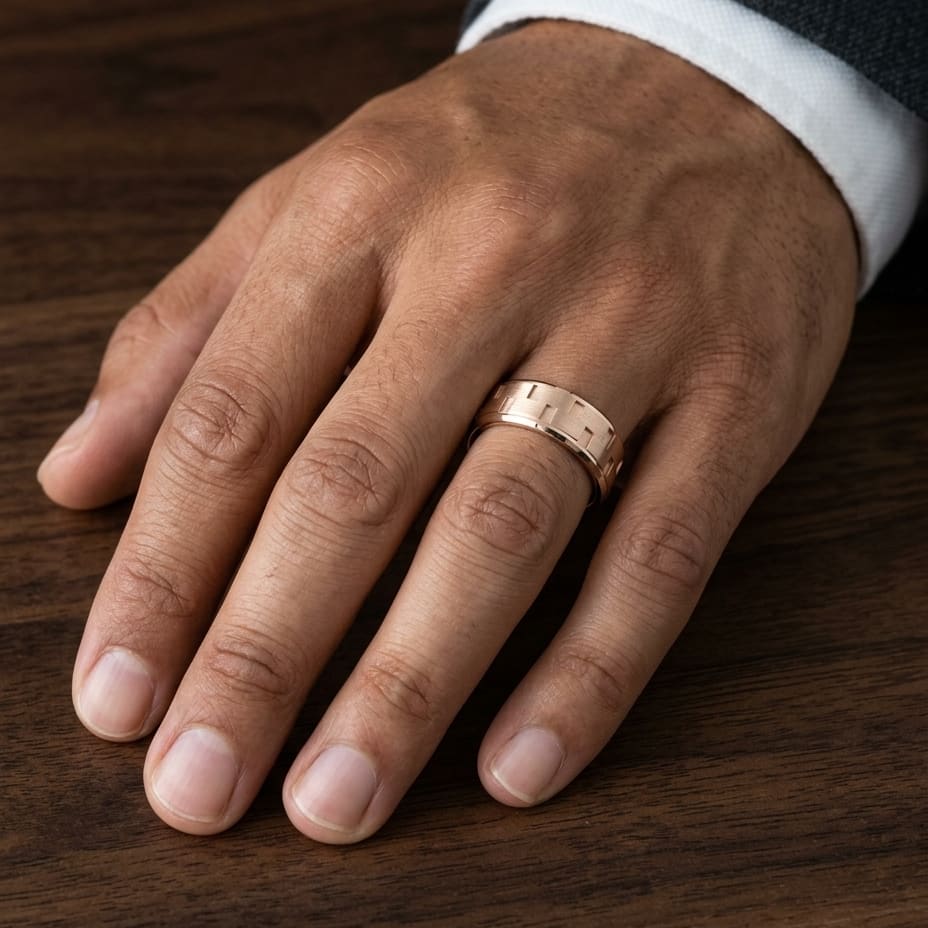 8mm Satin Finish Carved Wedding Band in 14K Rose Gold, worn on hand, masculine close-up