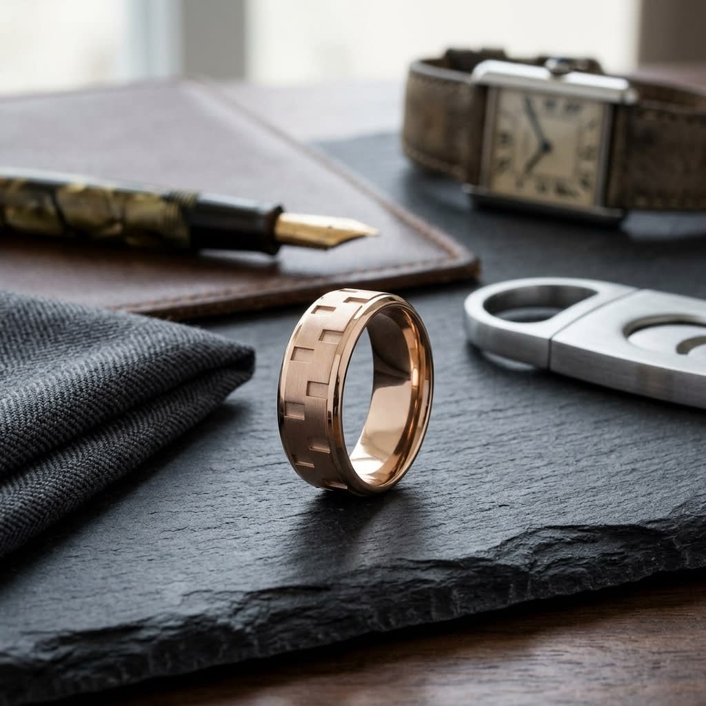 8mm Satin Finish Carved Wedding Band in 14K Rose Gold, on walnut surface with pocket square