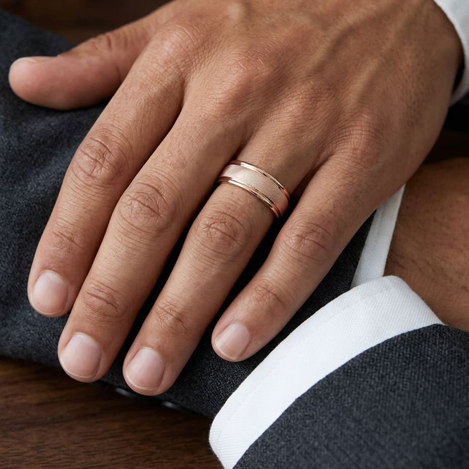 7mm Florentine Center High Polish Round Edge Carved Wedding Band in 14K Rose Gold, worn on hand, masculine close-up