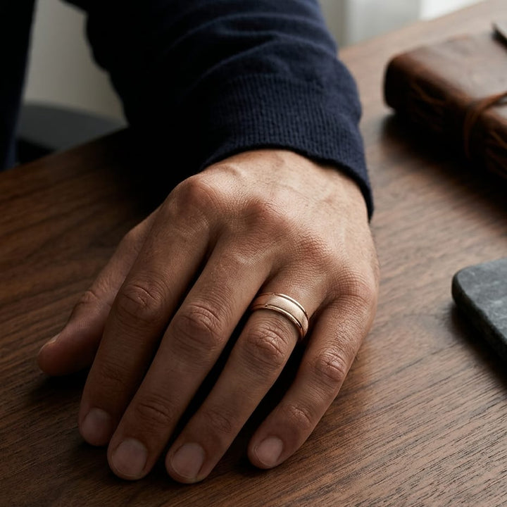 7mm Florentine Center High Polish Round Edge Carved Wedding Band in 14K Rose Gold, worn on hand, masculine full view