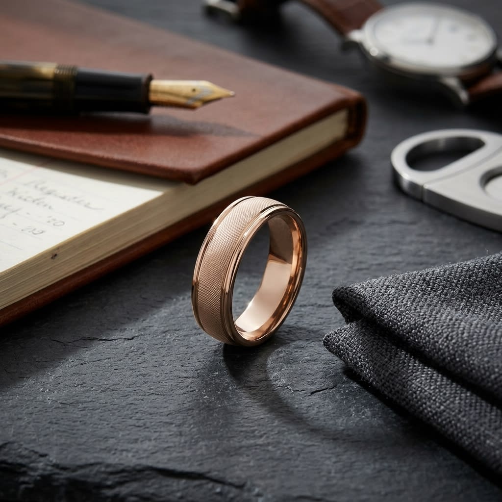 7mm Florentine Center High Polish Round Edge Carved Wedding Band in 14K Rose Gold, on walnut surface with pocket square