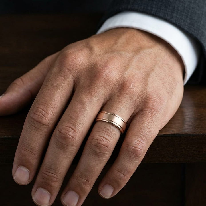 8mm Satin Finish Carved Wedding Band in 14K Rose Gold, worn on hand, masculine close-up