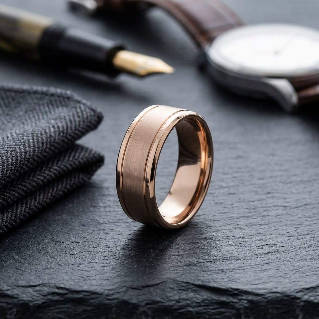 8mm Satin Finish Carved Wedding Band in 14K Rose Gold, on walnut surface with pocket square