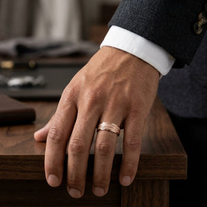 7mm Comfort-Fit Wedding Band in 14K Rose Gold, worn on hand, masculine full view