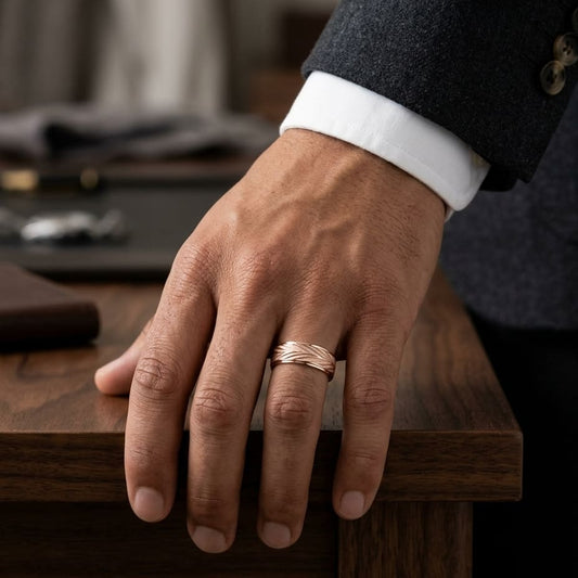 7mm Comfort-Fit Wedding Band in 14K Rose Gold, worn on hand, masculine full view