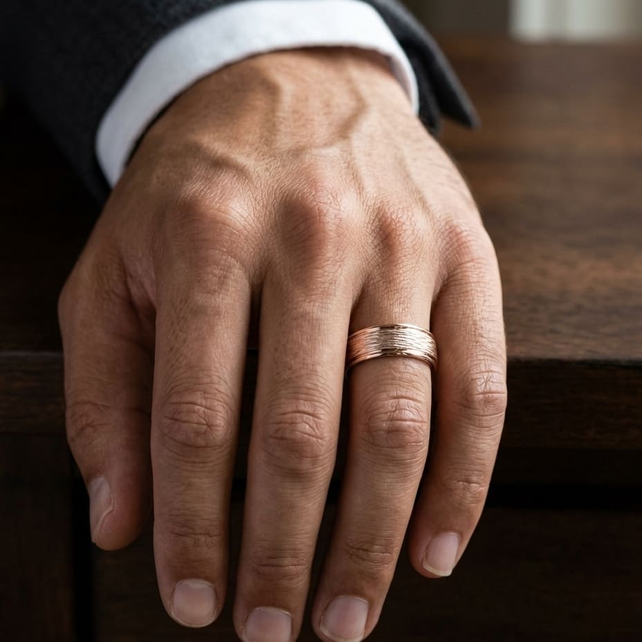 7.5mm Comfort-Fit Wedding Band in 14K Rose Gold, worn on hand, masculine close-up