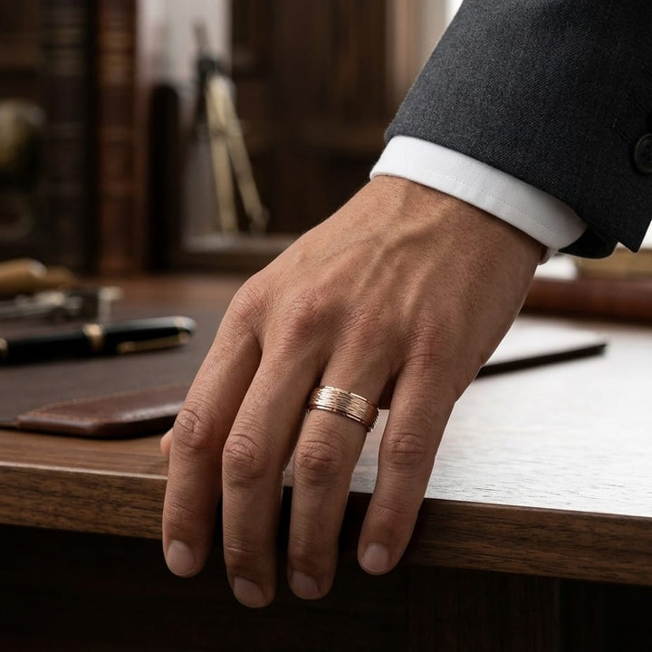 7.5mm Comfort-Fit Wedding Band in 14K Rose Gold, worn on hand, masculine full view