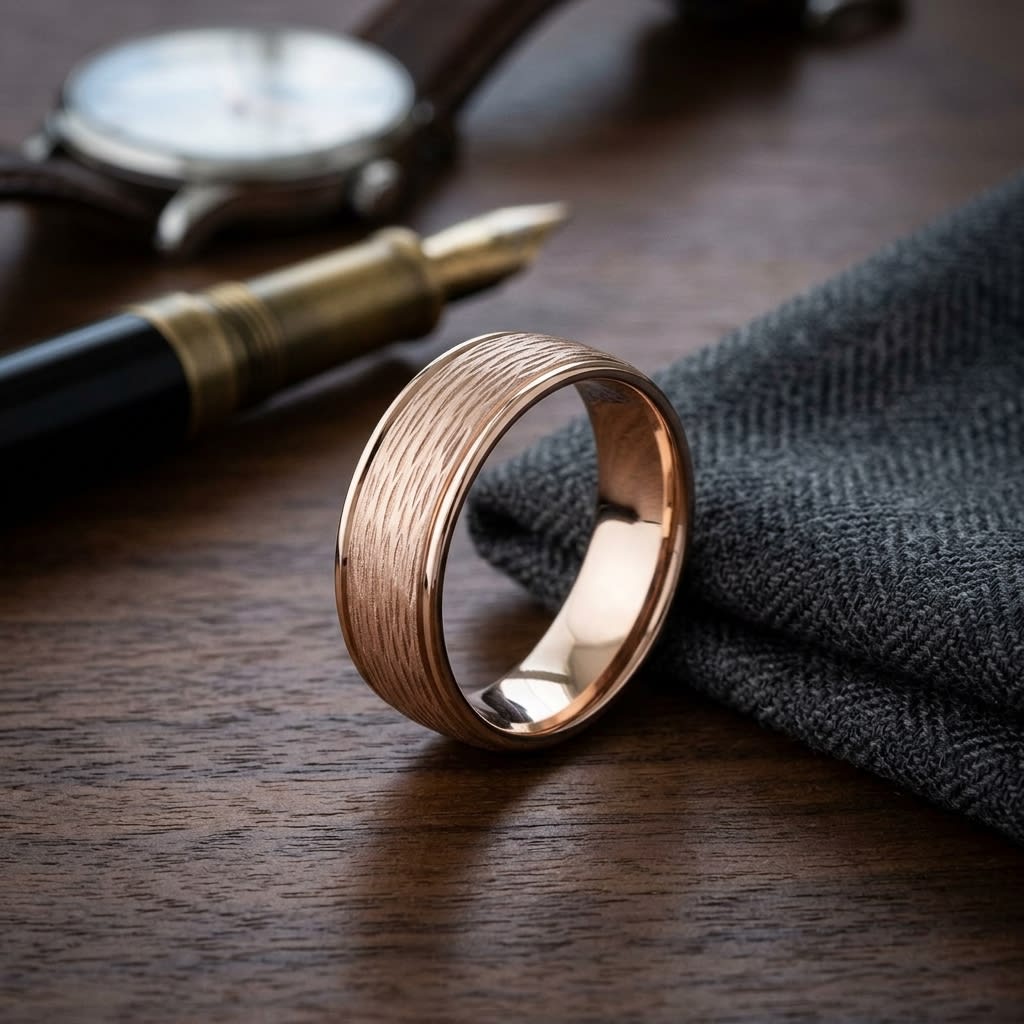 7.5mm Comfort-Fit Wedding Band in 14K Rose Gold, on walnut surface with pocket square