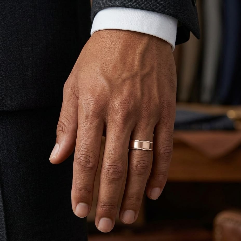 8mm Satin Finish Carved Wedding Band in 14K Rose Gold, worn on hand, masculine full view