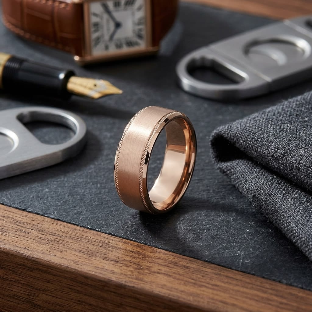 8mm Satin Finish Carved Wedding Band in 14K Rose Gold, on walnut surface with pocket square