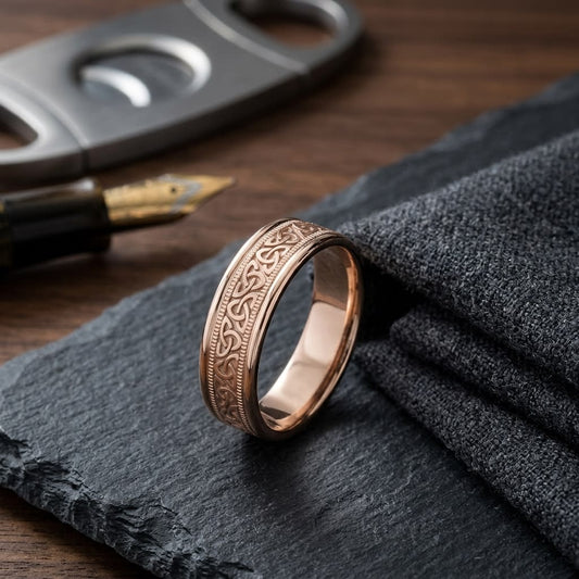 6mm Celtic Knot Carved Wedding Band in 14K Rose Gold, on walnut surface with pocket square
