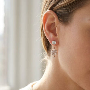 Diamond Pave Disk Duo Earring in 14K Two Tone Gold, worn close-up portrait