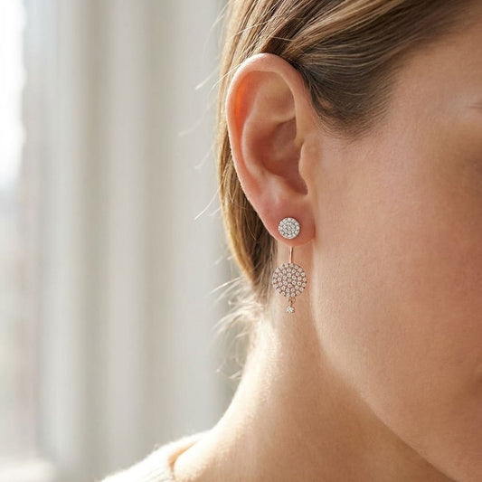 Diamond Pave Disk Duo Earring in 14K Two Tone Gold, worn close-up portrait