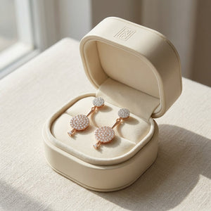 Diamond Pave Disk Duo Earring in 14K Two Tone Gold, in navy velvet jewelry box