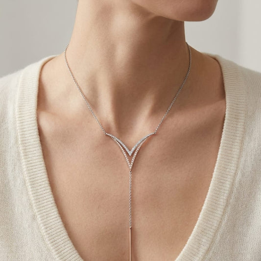 Diamond Pave Double-v And Solid Bar Y-necklace In 14k Rose And White Gold (16-18 In Adj Chn), worn close-up portrait