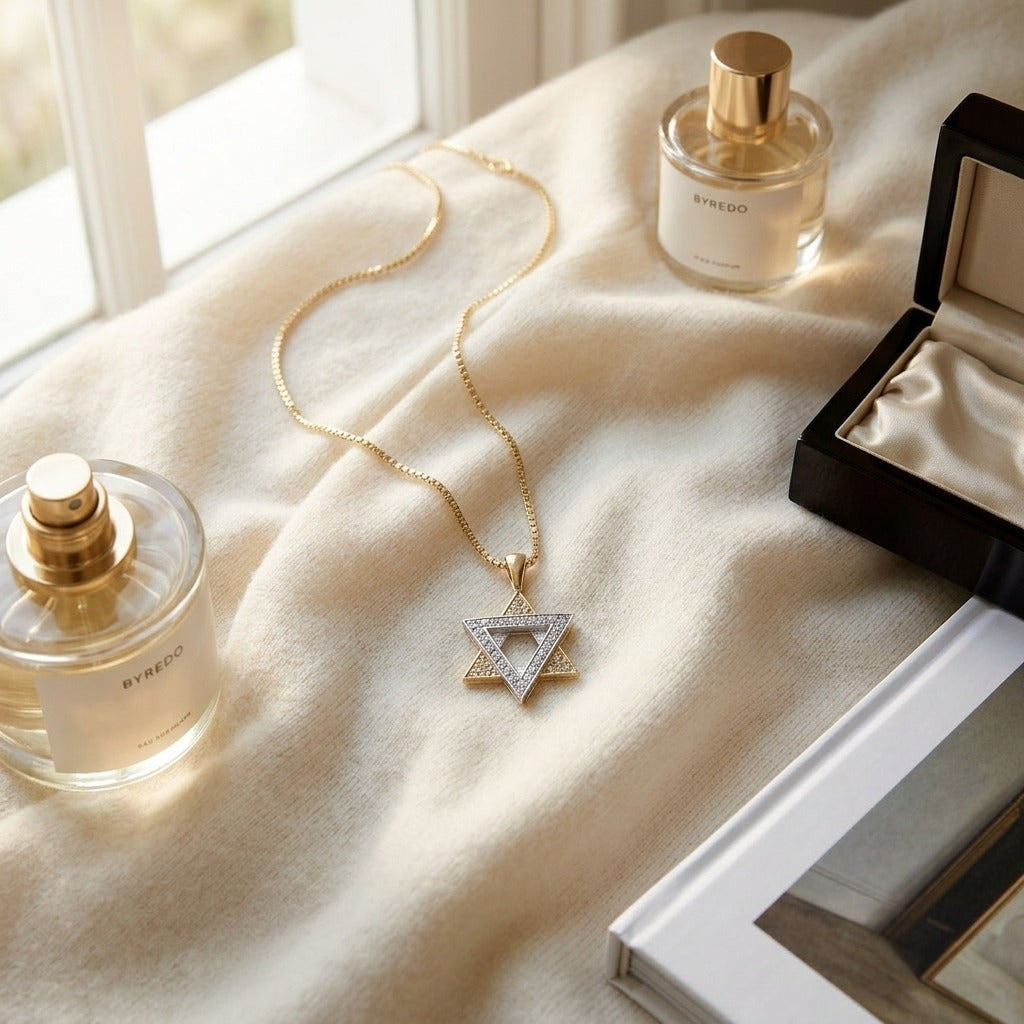 Diamond Star of David Pendant in 14K Two-Tone Gold - flat lay