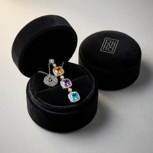 Multi-color Semi-precious And Diamond Dangle Pendant In 14k Two Tone, in navy velvet jewelry box