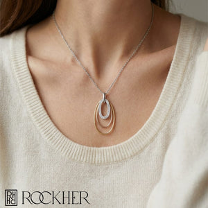 Diamond Triple Oval Pendant In 14k Two Tone Gold, worn close-up portrait