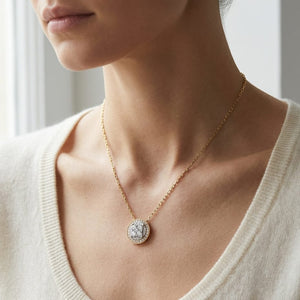 Round Diamond Halo Cluster Pendant In 14k Two Tone Gold Adj 16-18 Inch Chain(5/8 Ct.tw.), worn close-up portrait