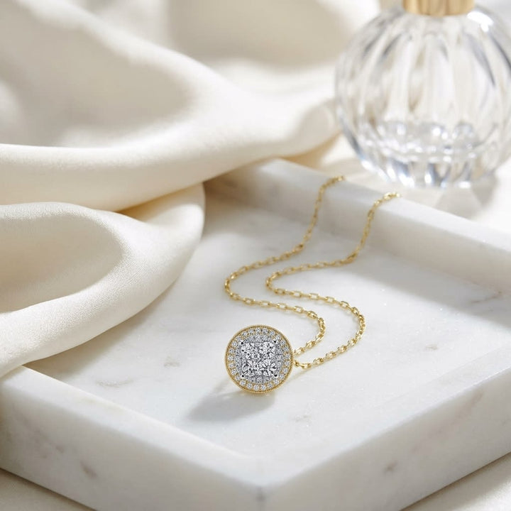 Round Diamond Halo Cluster Pendant In 14k Two Tone Gold (5/8 Ct.tw.), on marble vanity tray with silk