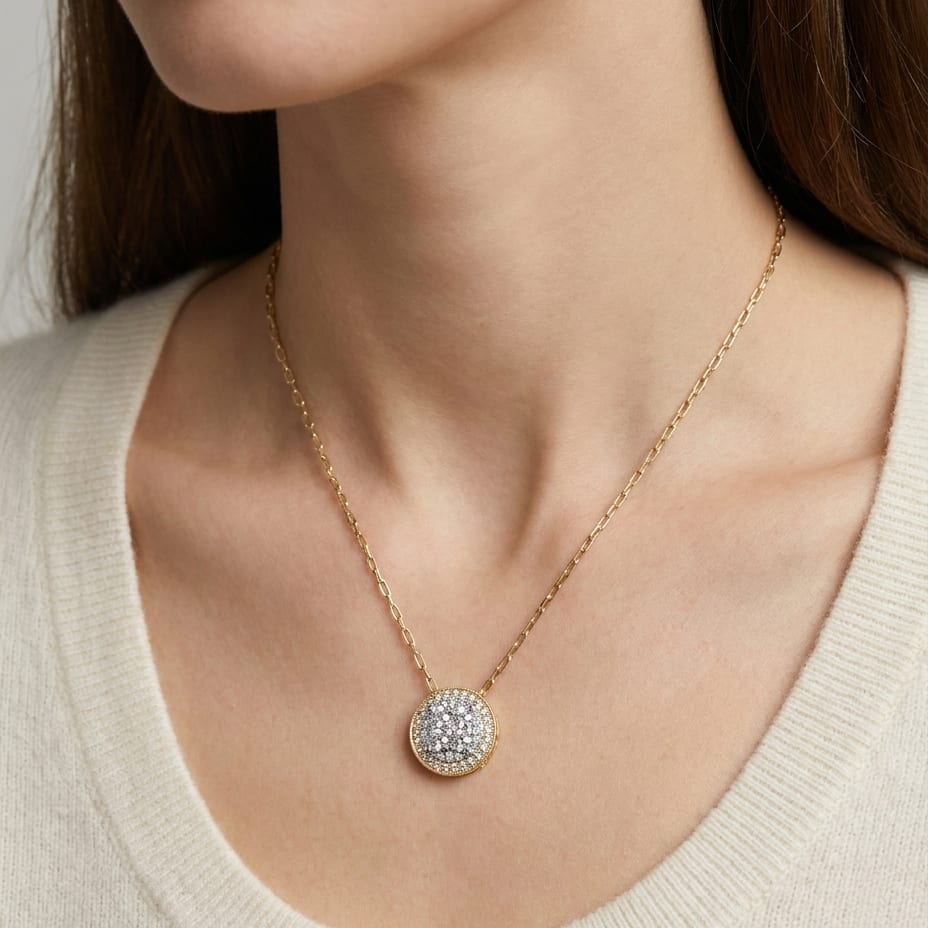 Round Diamond Halo Cluster Pendant In 14k Two Tone Gold (5/8 Ct.tw.), worn close-up portrait