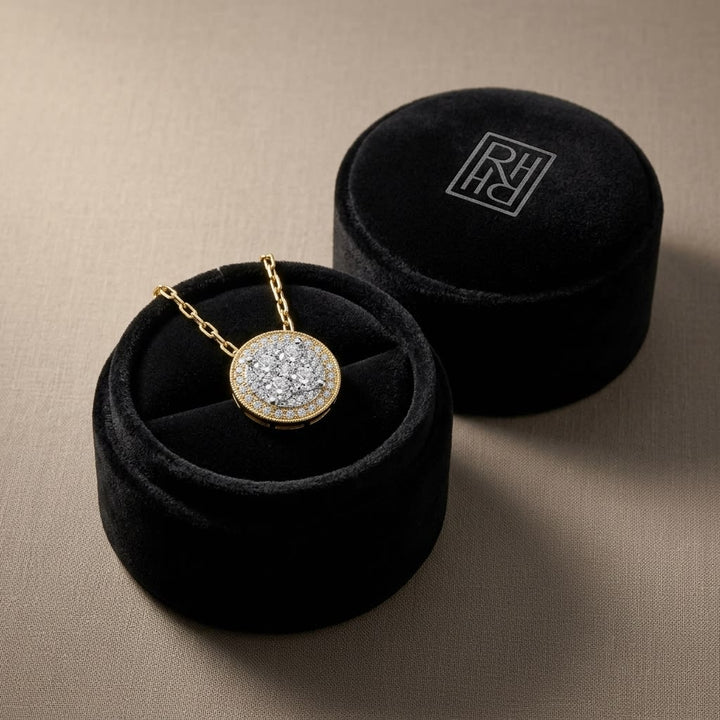 Round Diamond Halo Cluster Pendant In 14k Two Tone Gold (5/8 Ct.tw.), in navy velvet jewelry box