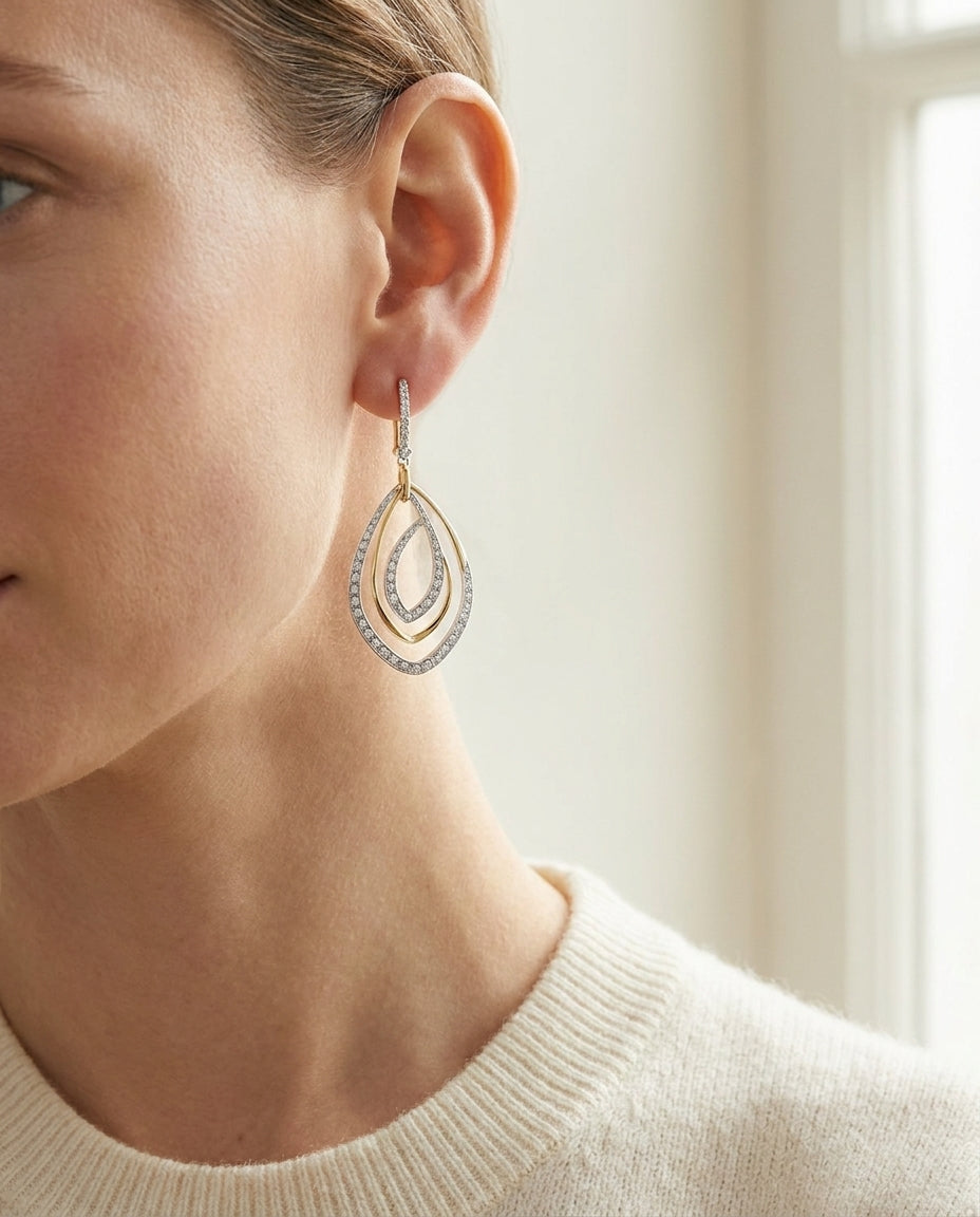 Diamond Overlapping Multi-loop Two Tone Dangle Earrings in 14k Gold 0.50ctw, worn close-up portrait