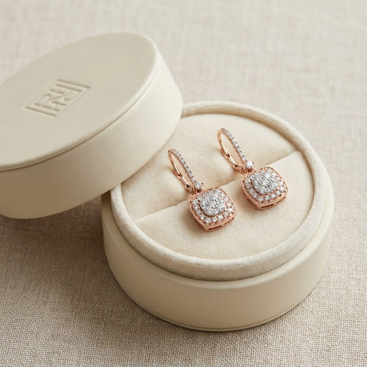 Diamond Pave Cluster Cushion Shaped Earrings In 14k Two Tone Gold (2/3 Ct.tw.), in navy velvet jewelry box