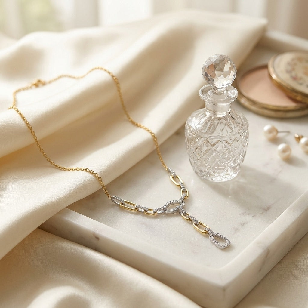 Diamond Graduated Links with Pave & High Polish Finish Y Necklace in 14K Two-Tone Gold - lifestyle