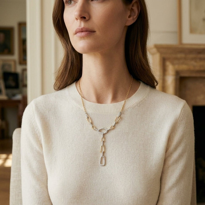Diamond Graduated Links with Pave & High Polish Finish Y Necklace in 14K Two-Tone Gold - editorial